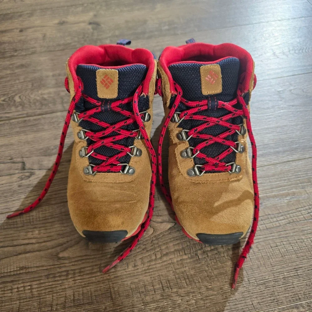 Columbia Redmond Mid Waterproof Youth Hiking Boots Tan Navy Red BY Size 4